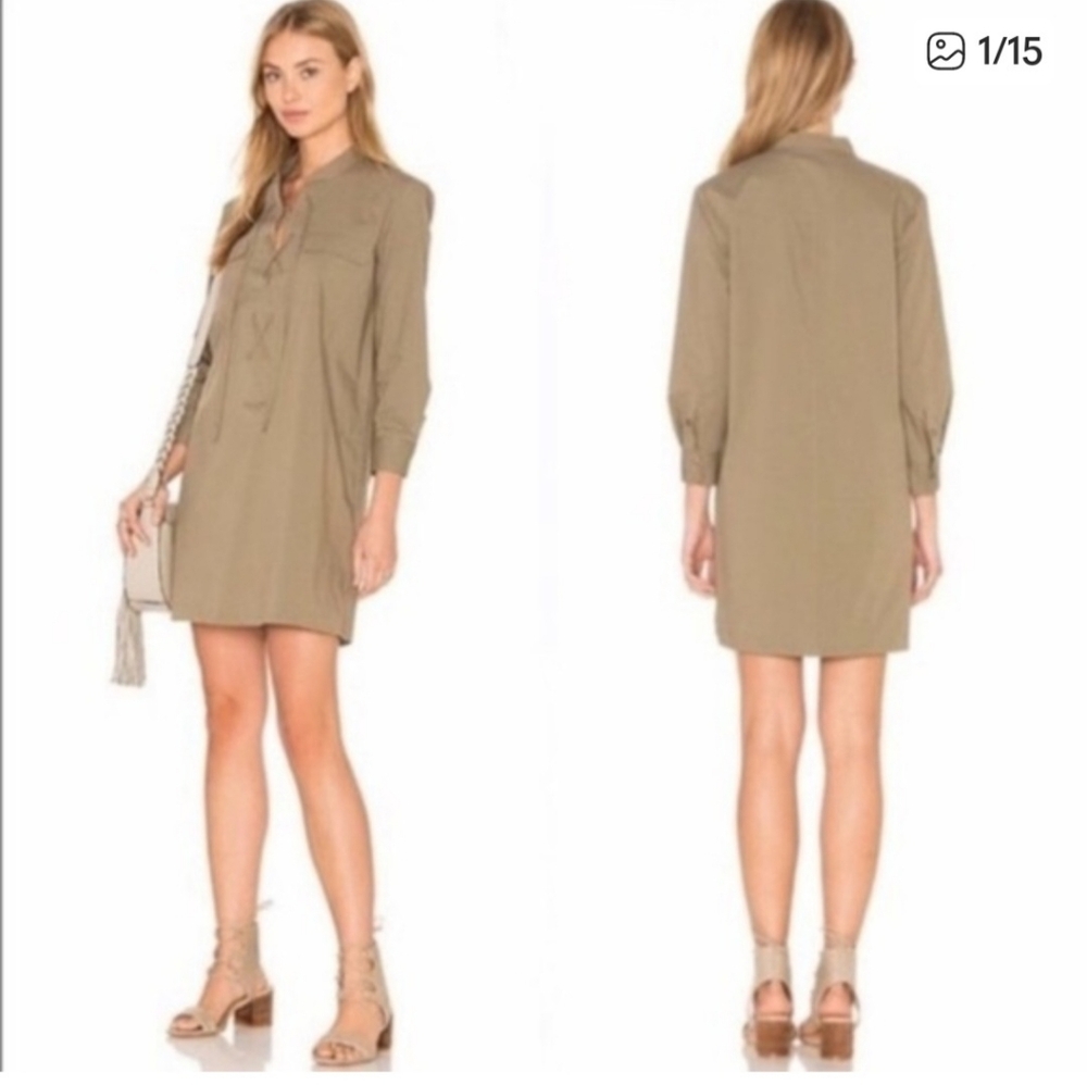Theory Poplin Lace Up Shirt Dress Moss Sz. 4 Like New Minimalist Casual